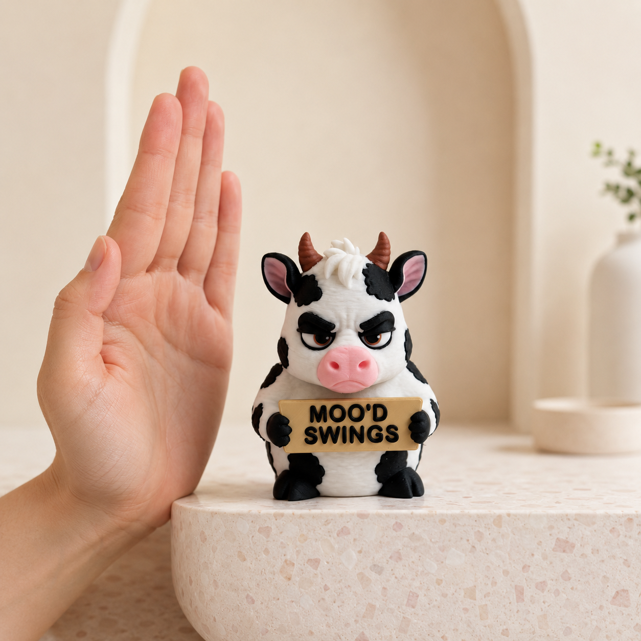 A small black-and-white cow figurine holding a sign that reads 'MOOD SWINGS' sits on a light stone surface next to a human hand for scale, with a softly blurred indoor background.