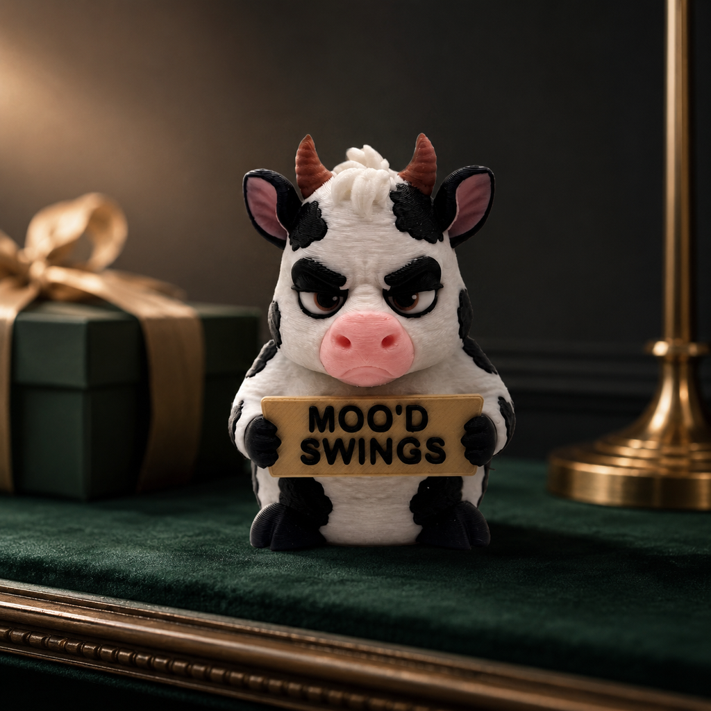 A stylized cow figurine with a pink snout and horns, holding a sign that reads 'MOO'D SWINGS', set on a dark green velvet surface with a gold-framed mirror and a wrapped gift box in the background.