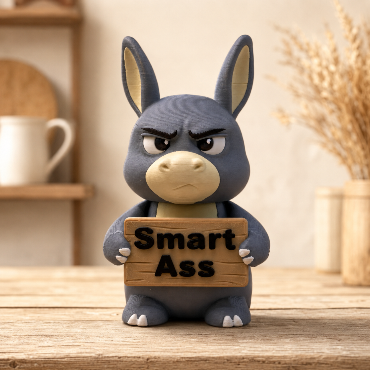A small gray donkey figurine standing on a wooden surface, holding a wooden sign that reads 'Smart Ass' in black letters. The background is a softly blurred indoor setting with a mug on a shelf and dried grass in a vase.