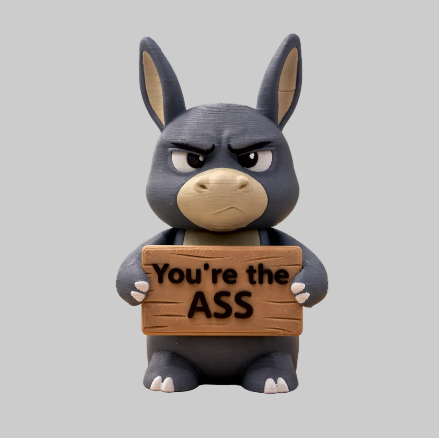 Animated character holding a sign with text in a natural setting