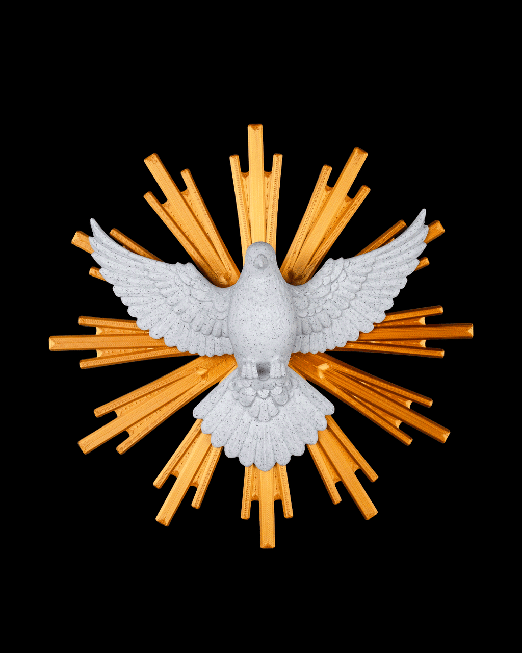 Decorative emblem with a white dove and gold rays on a black background