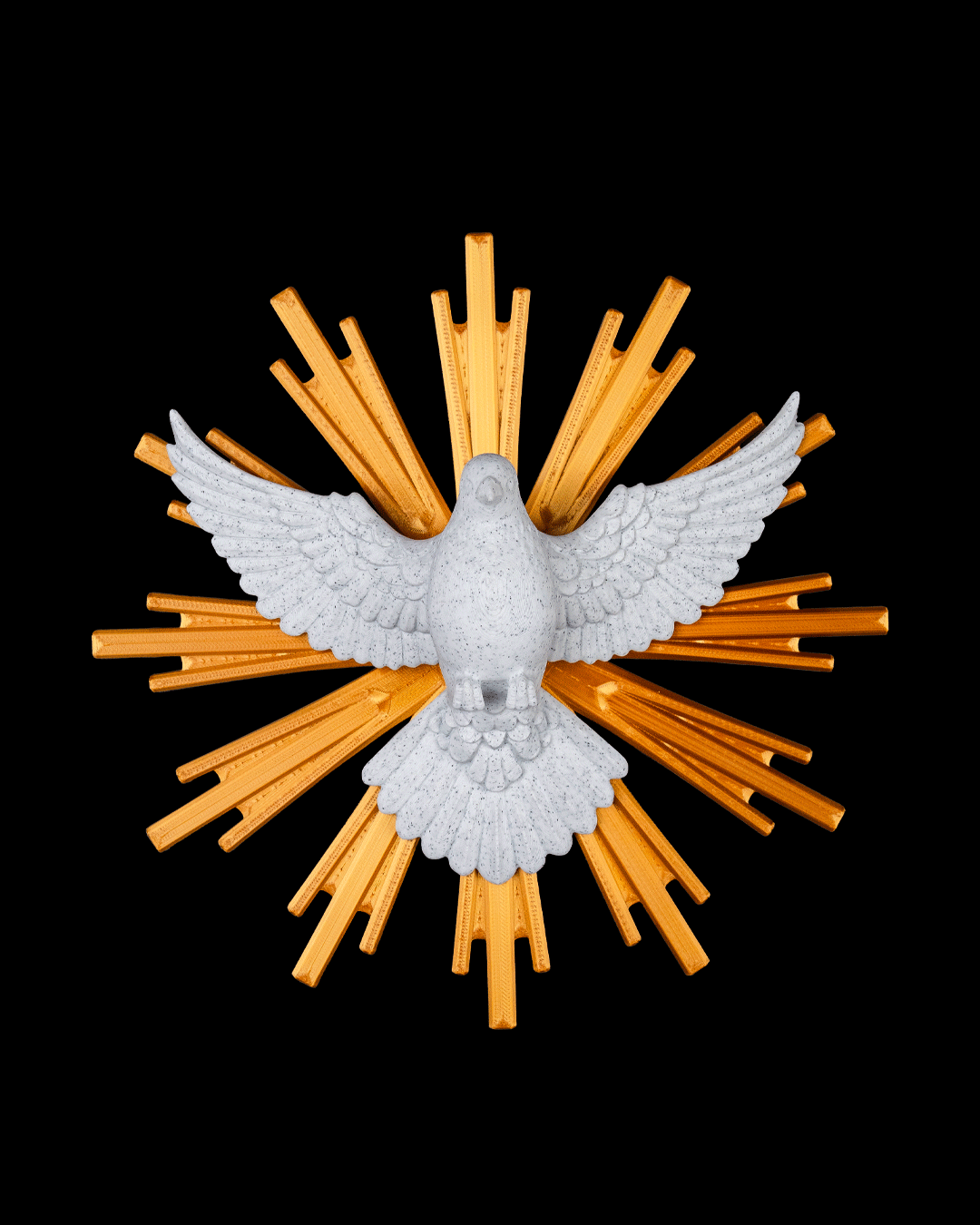 Decorative emblem with a white dove and gold rays on a black background