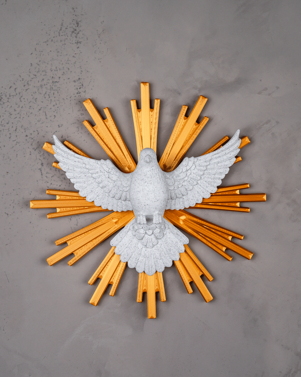 Decorative wall art with a white dove and yellow rays on a gray background