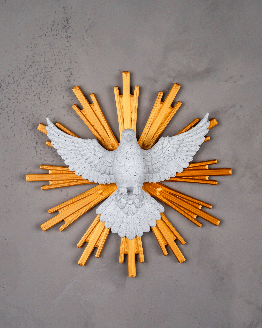 Decorative wall art with a white dove and yellow rays on a gray background