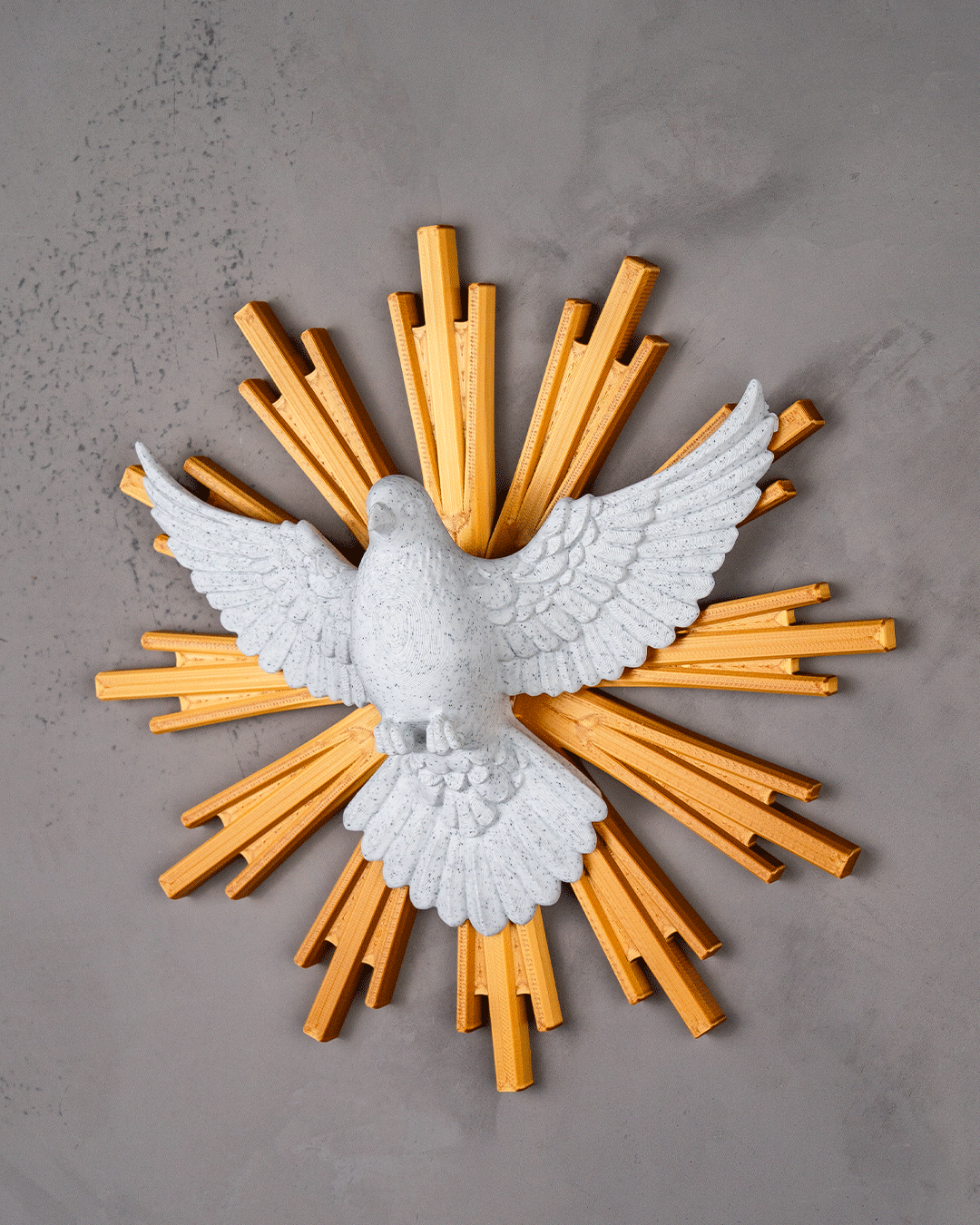 Decorative wall art with a white dove and yellow rays on a gray background