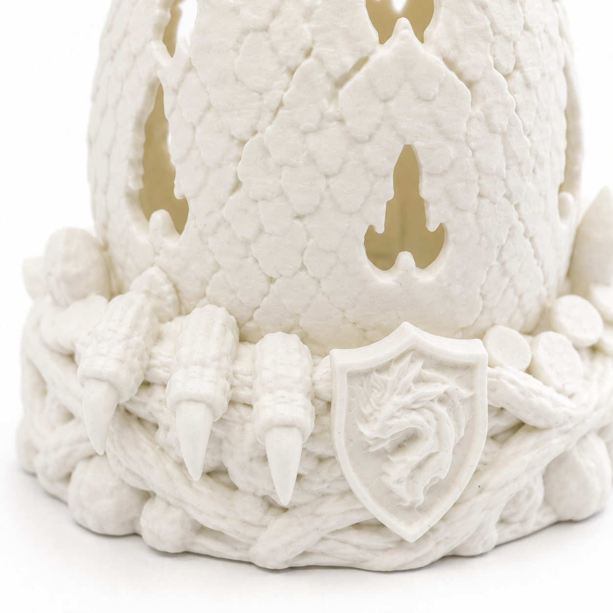 Close-up of Dragon Egg Fairy Lamp highlighting dragon scales, claws, crest, and craftsmanship.