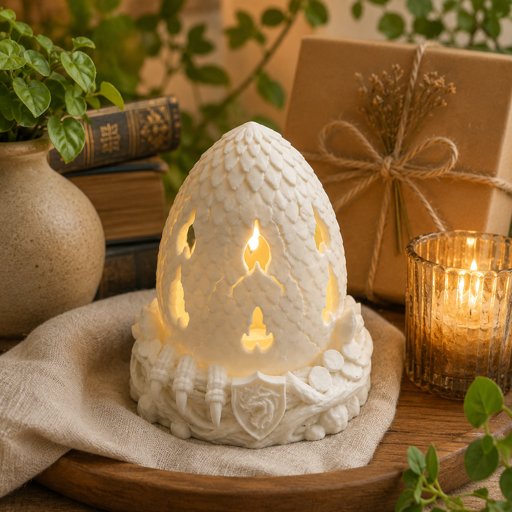 Dragon Egg Fairy Lamp displayed in a cozy fantasy-inspired home décor setting with warm LED glow.