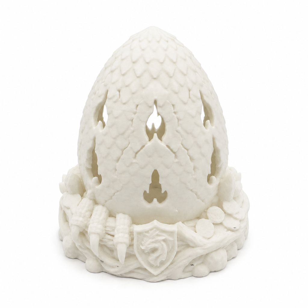 Front view of white Dragon Egg Fairy Lamp on a clean white background.
