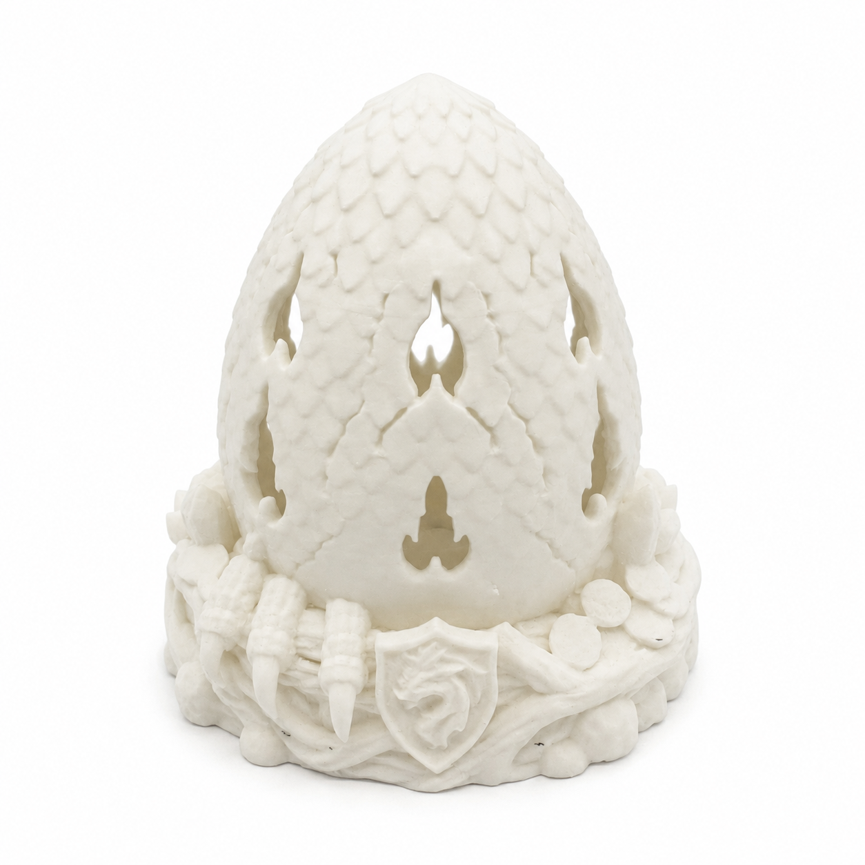 Front view of white Dragon Egg Fairy Lamp on a clean white background.