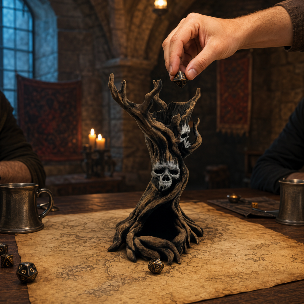 A fantasy tabletop scene in a dimly lit stone room. A sculpted tree-like object with skull faces sits on an old map, with a human hand placing a die near the top.