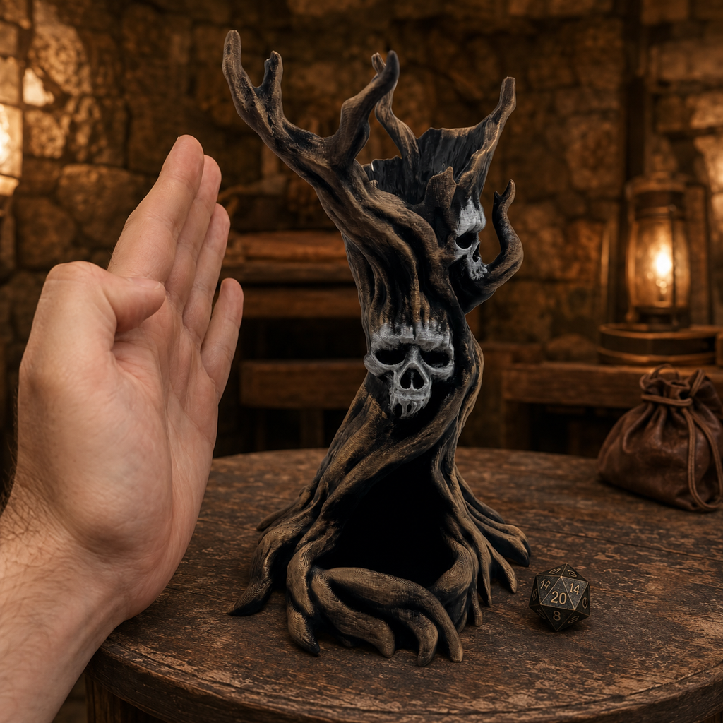 A dark, gnarled tree-of-life figurine with skull faces sits on a rustic wooden table in a dimly lit stone room. A human hand is visible at the left edge for scale, and a small die rests near the base.
