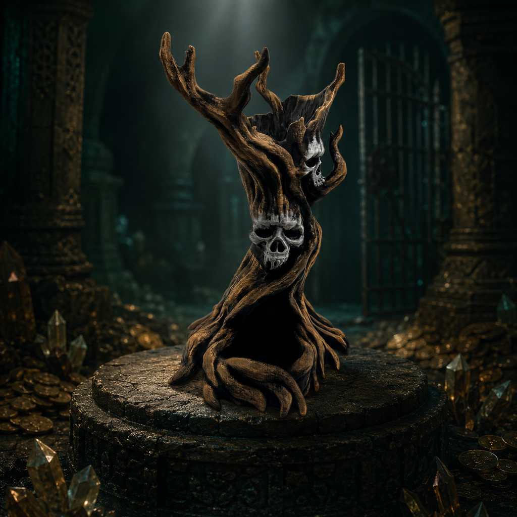 A dark, gothic tree-of-life sculpture with skull carvings, displayed on a stone pedestal in a moody, treasure-filled ancient chamber.