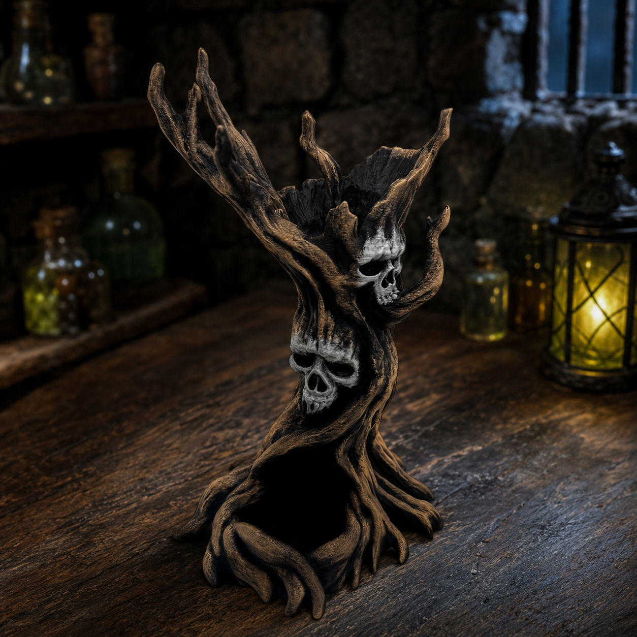 A gothic decorative tree sculpture with two embedded skulls, styled on a rustic wooden table with a dark stone background and a glowing lantern.