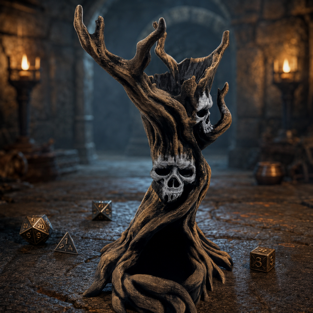 A dark, gnarled tree-like sculpture or figurine with skull faces and antler-like branches, placed in a dimly lit stone room with candles and dice on the floor.