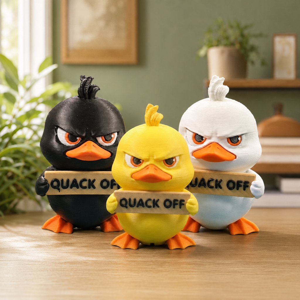 Three cartoon duck figurines standing on a wooden surface in an indoor room setting. The left duck is black with orange beak and feet, the center duck is yellow with orange beak and feet, and the right duck is white with orange beak and feet.