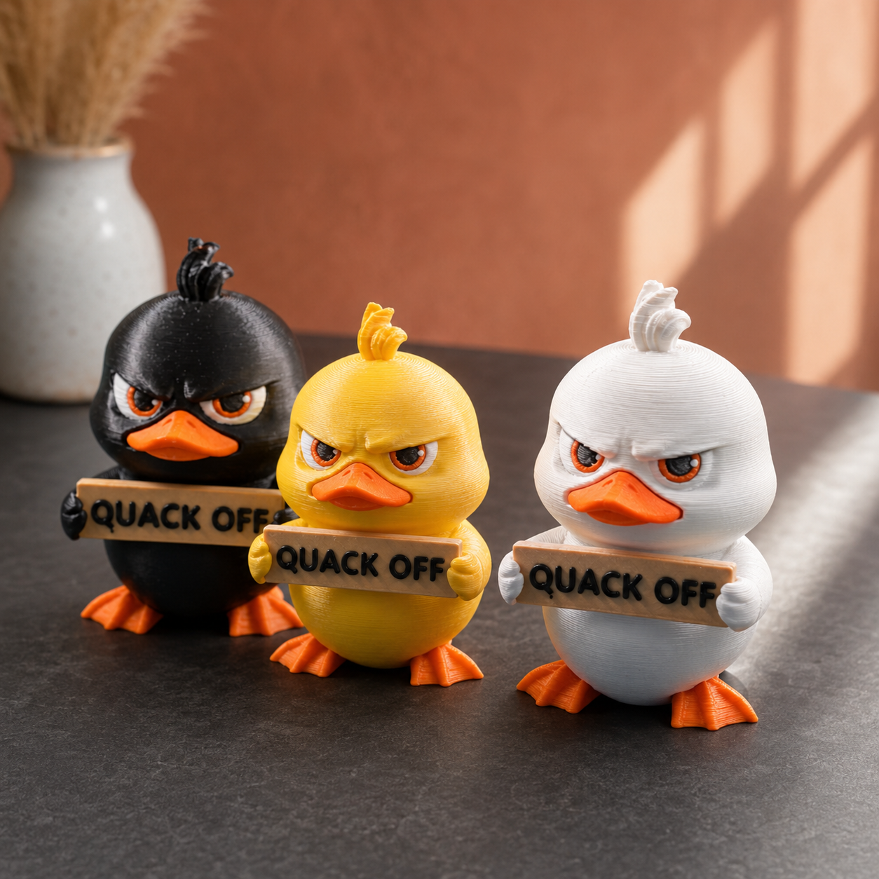 Three cartoon duck figurines standing on a dark tabletop, each holding a sign that reads 'QUACK OFF'. The left duck is black, the center duck is yellow, and the right duck is white, with orange beaks and feet.