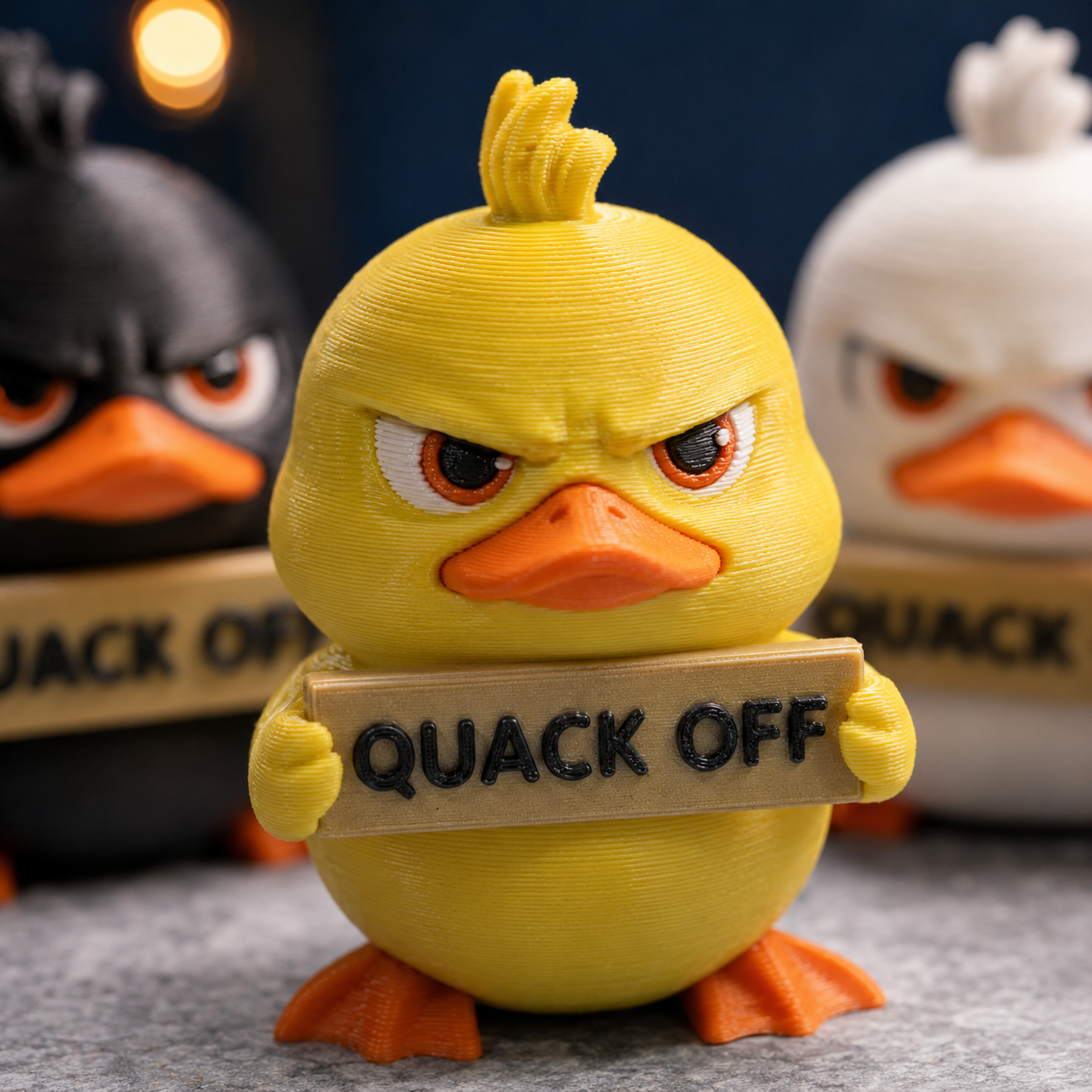 A yellow 3D-printed toy duck character with an angry expression holding a sign that says 'QUACK OFF', with black and white versions blurred in the background.