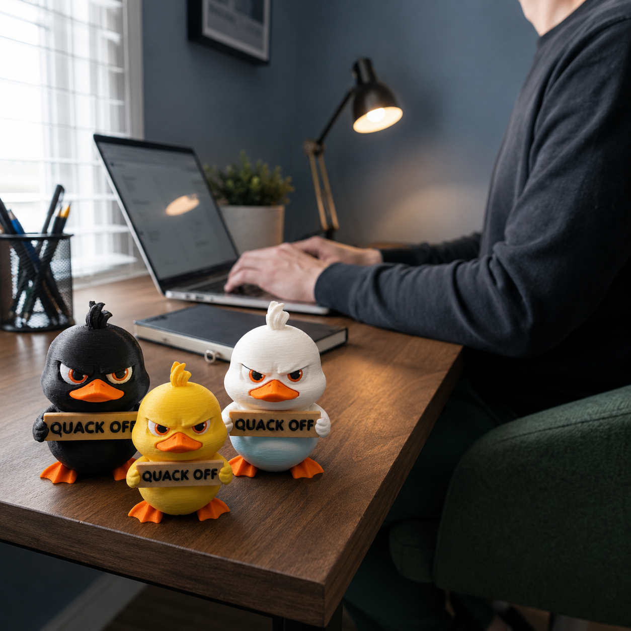 Three rubber duck novelty toys with angry cartoon faces and 'QUACK OFF' signs on their beaks, displayed on a wooden desk next to a person working on a laptop in a home office setting.