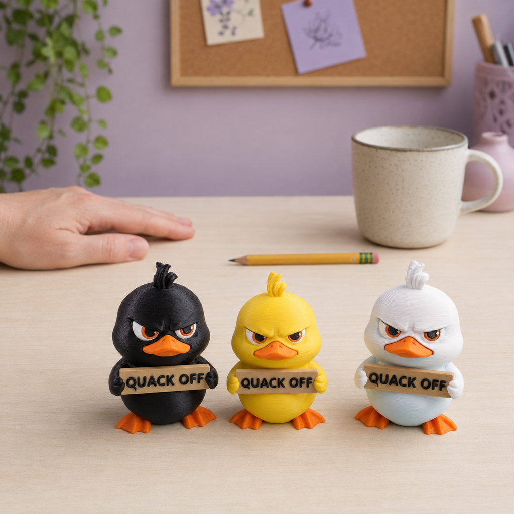 Three cartoon duck figurines sitting on a light wood desk, each holding a sign that says 'QUACK OFF'. The figures are black, yellow, and white with orange beaks and feet.