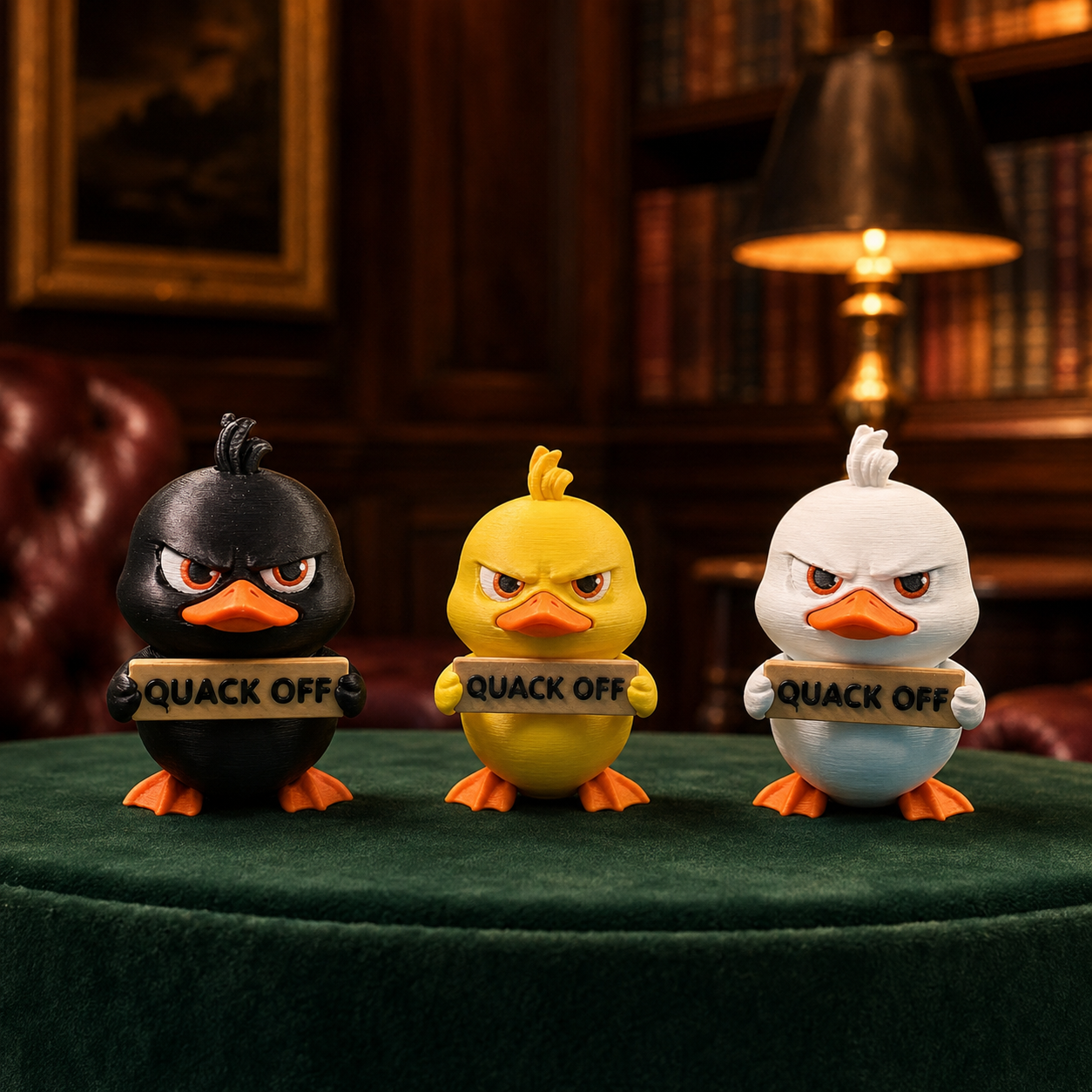 Three cartoon duck figurines standing on a green velvet surface in a dimly lit library or study setting. The left duck is black with an angry expression and holds a sign reading 'QUACK OFF'.