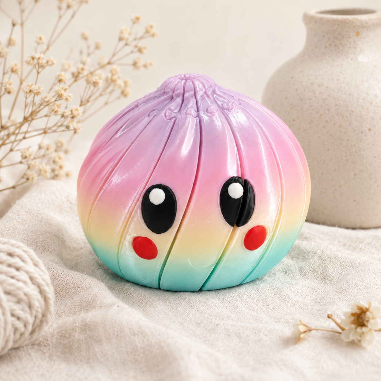 Kawaii pastel fidget dumpling displayed with soft neutral decor