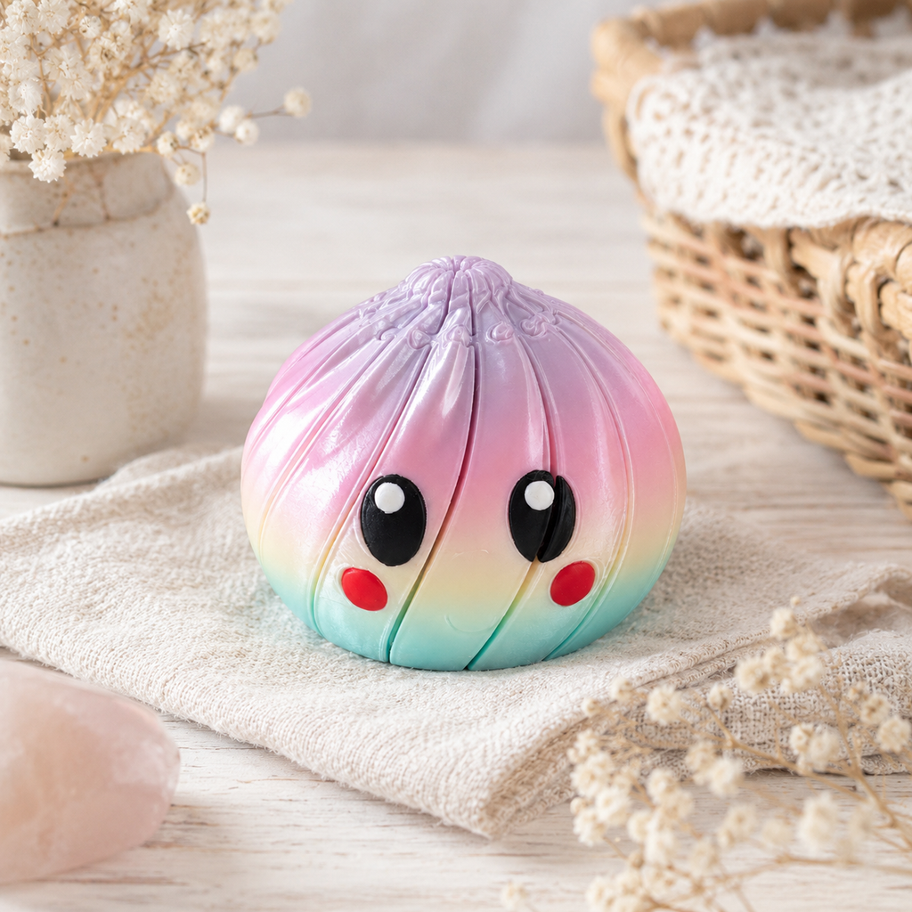 Close-up of kawaii dumpling fidget face and pastel gradient finish