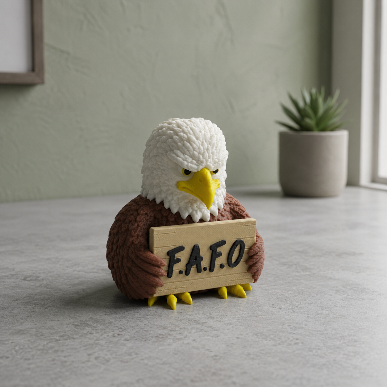 A small eagle figurine with a white head, brown body, yellow beak and feet, holding a wooden sign that reads “F.A.