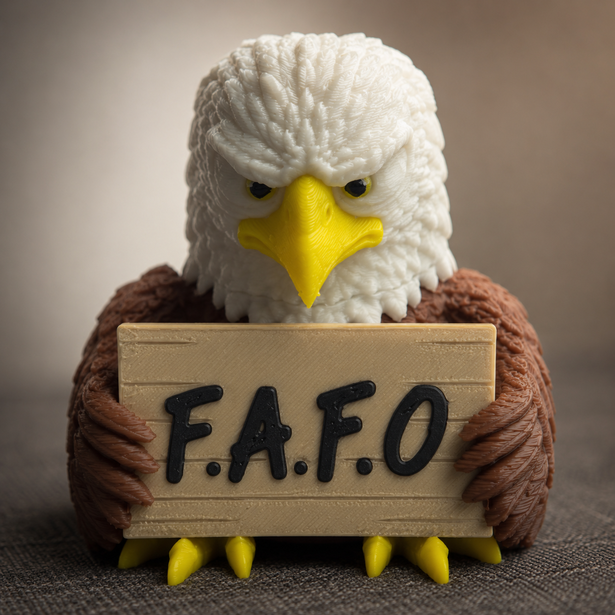A 3D-printed figurine of a bald eagle holding a wooden sign that reads 'F.A.