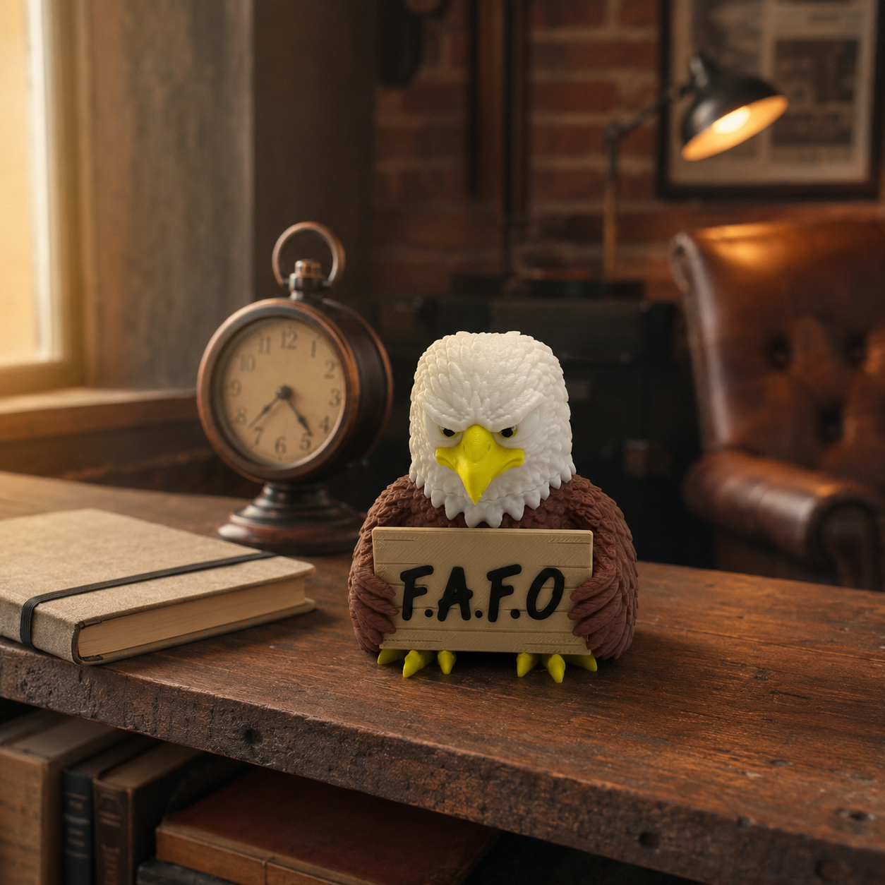 A small stuffed bald eagle figurine sits on a wooden desk in a warm, vintage-style room. The eagle has a white head, brown body, yellow beak and feet, and holds a sign that reads 'F.