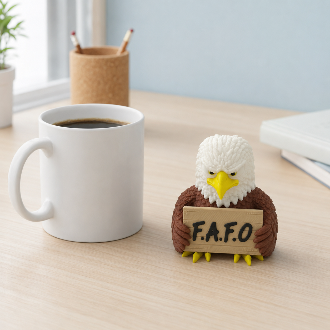 A small eagle figurine holding a sign that reads 'F.A.