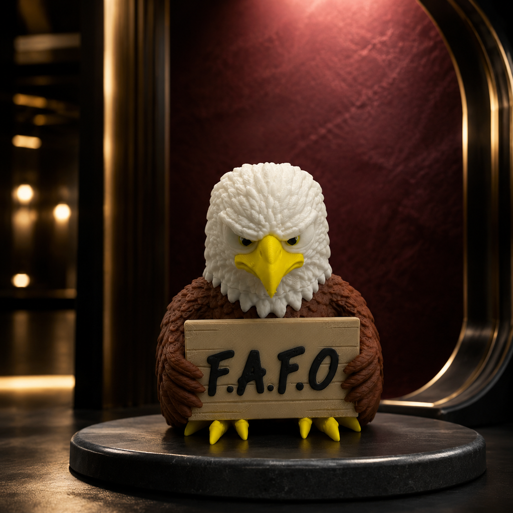 A decorative eagle figurine holding a wooden sign that reads 'F.A.