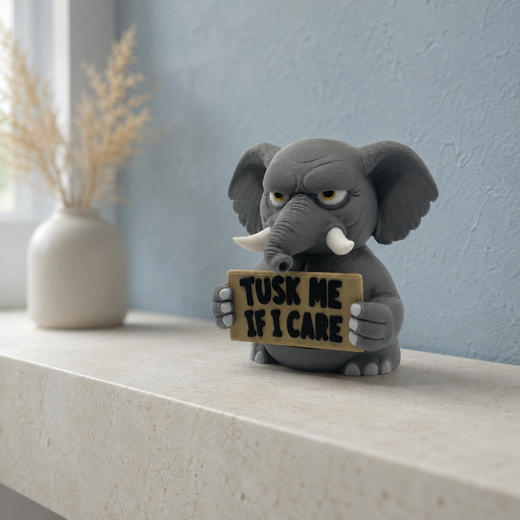 A small gray elephant figurine holding a sign that reads 'TUSK ME IF I CARE' sits on a light stone ledge against a pale blue wall, with a blurred vase of dried stems in the background.