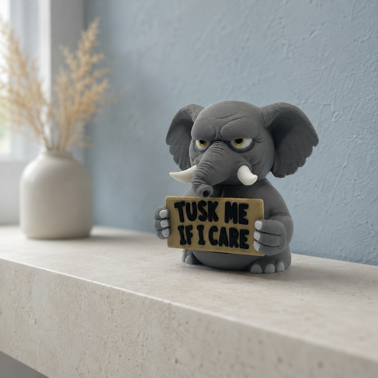 A small gray elephant figurine holding a sign that reads 'TUSK ME IF I CARE' sits on a light stone ledge against a pale blue wall, with a blurred vase of dried stems in the background.