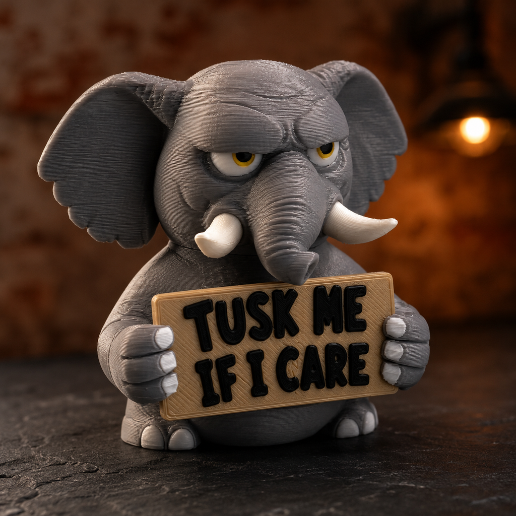 A gray cartoon elephant figurine holding a wooden sign that reads 'TUSK ME IF I CARE' in black letters, set against a warm, blurred background.
