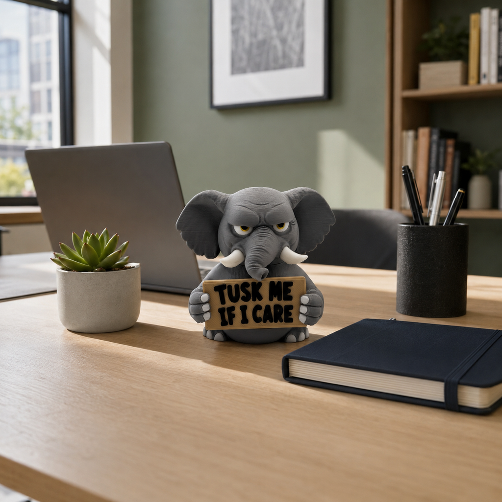 A gray elephant figurine sitting on a wooden desk, holding a sign that reads 'TUSK ME IF I CARE'. The desk is styled with a laptop, a small potted succulent, a black notebook, a pen cup, and a framed picture in the background.