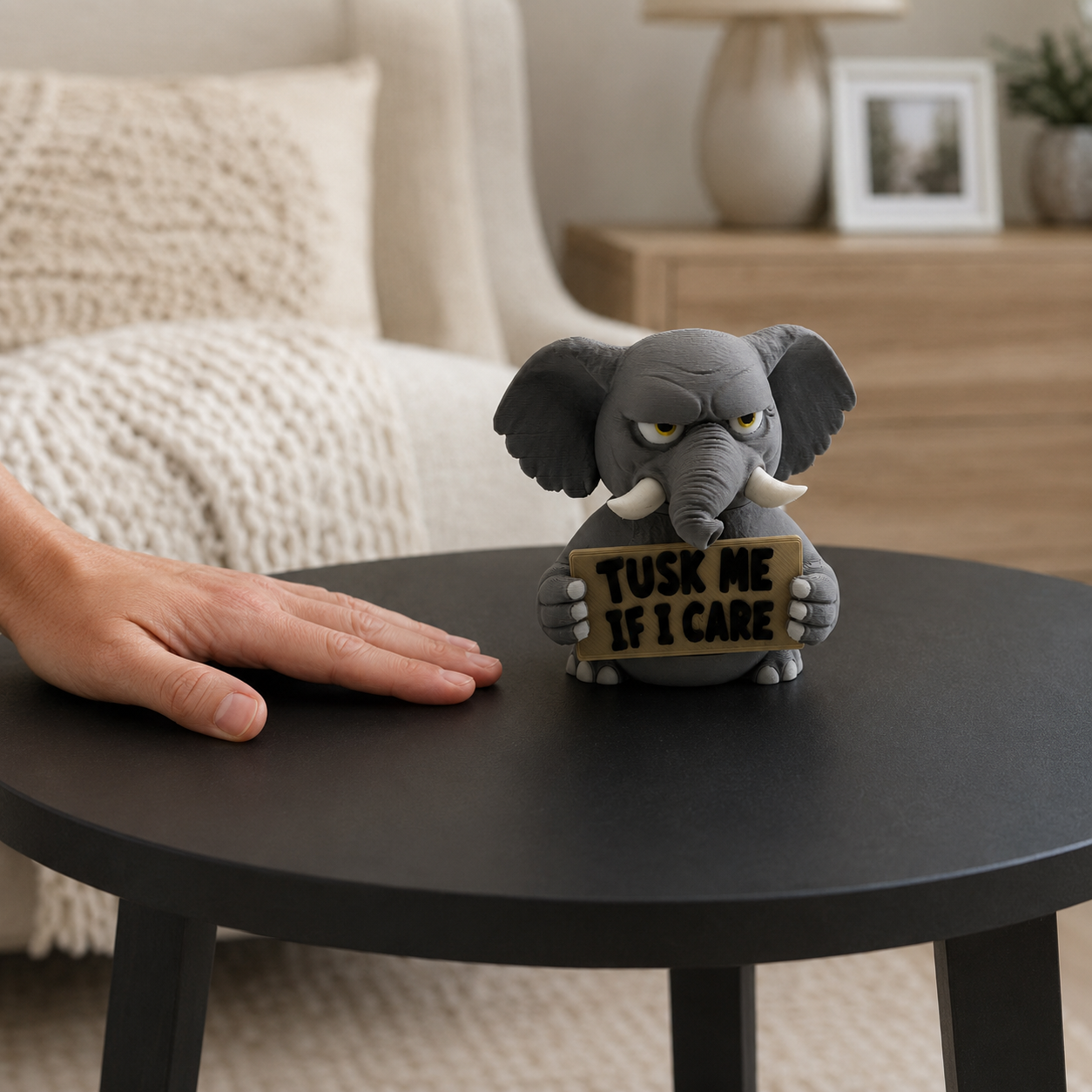 A small gray elephant figurine holding a sign that reads 'TUSK ME IF I CARE' sits on a round black table in a living room setting. A human hand is resting on the table next to the figurine, and a sofa, lamp, and sideboard are blurred in the background.