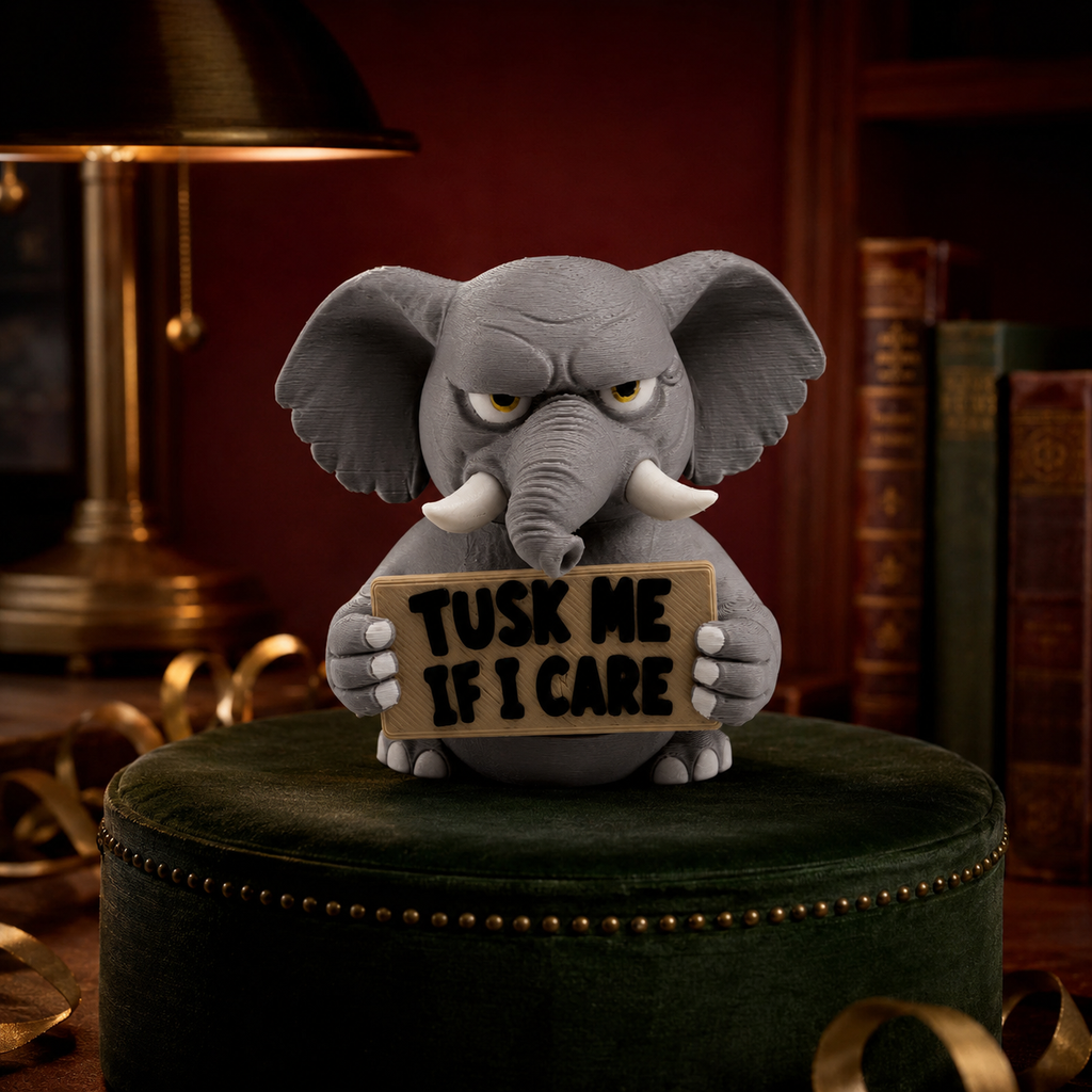 A gray elephant figurine holding a sign that reads 'TUSK ME IF I CARE' sits on a dark green velvet round table in a dimly lit room with books and a lamp in the background.
