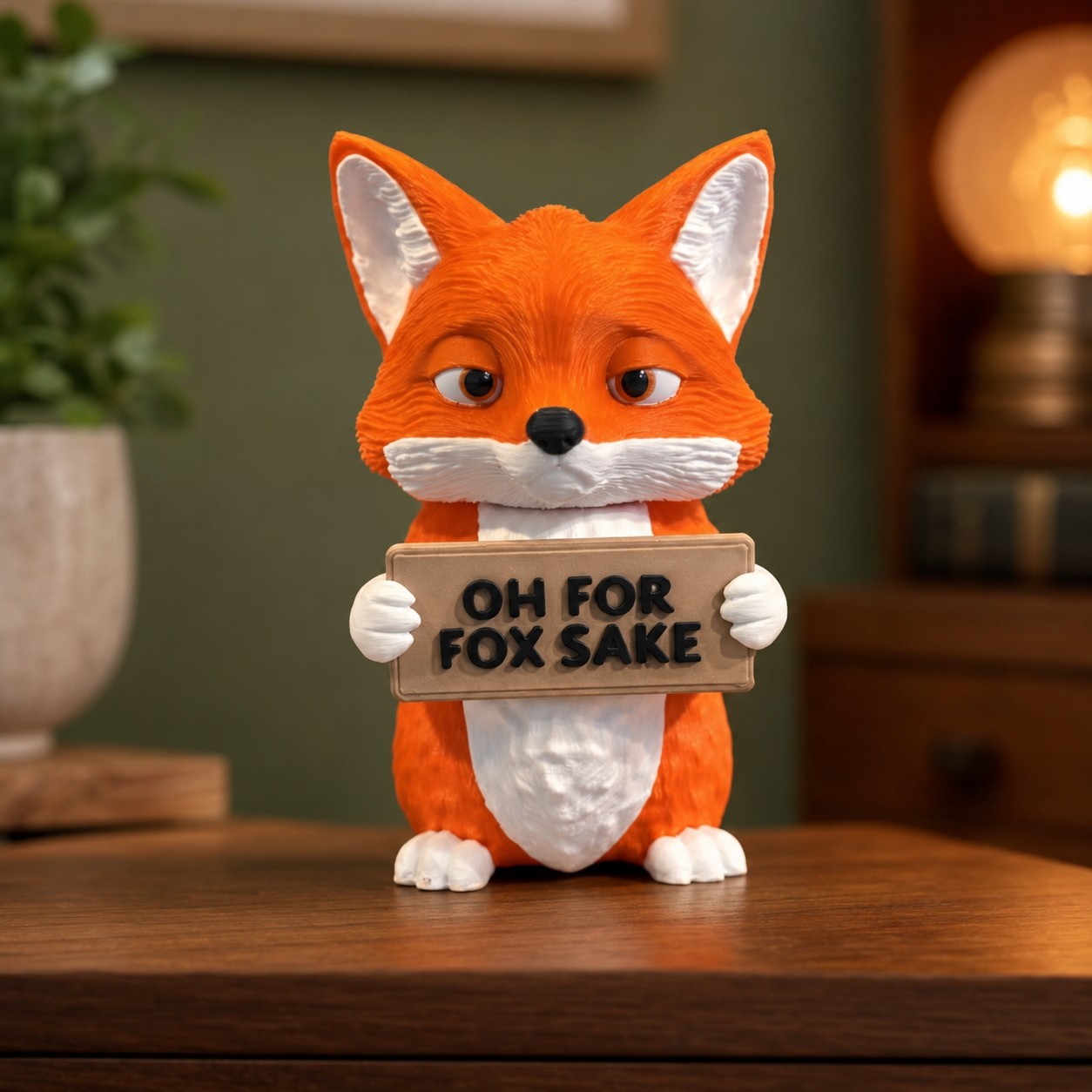 An orange and white fox figurine holding a wooden sign that reads 'OH FOR FOX SAKE' in black letters, standing on a wooden surface with a blurred indoor background.