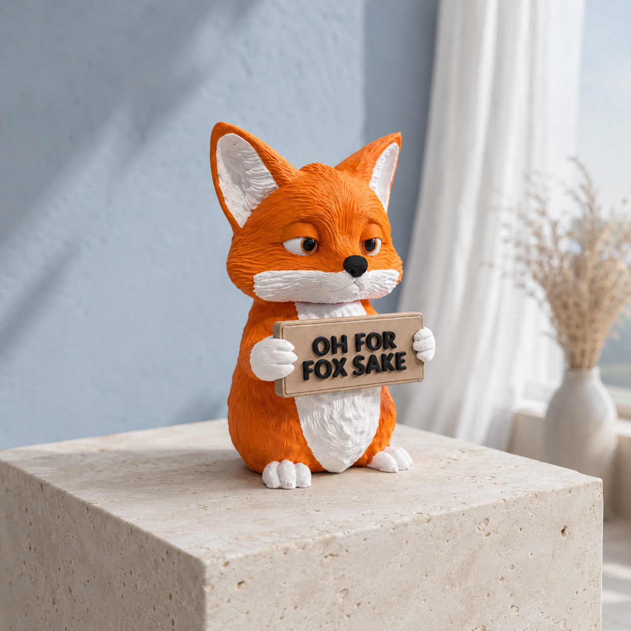 A small orange and white fox figurine holding a wooden sign that reads 'OH FOR FOX SAKE' sits on a light stone pedestal in a softly lit interior setting with a blurred vase and curtain in the background.