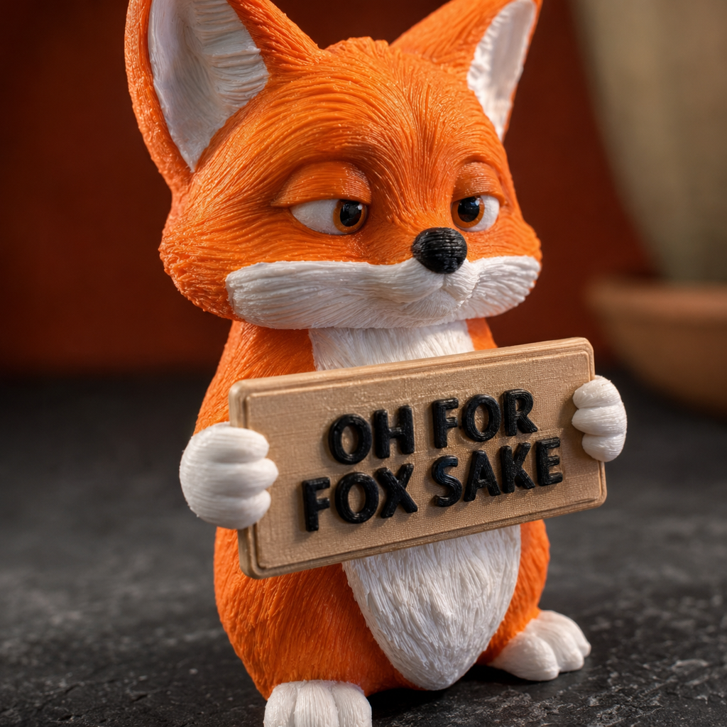 An orange and white cartoon fox figurine holding a wooden sign that reads 'OH FOR FOX SAKE', photographed close-up against a dark blurred background.