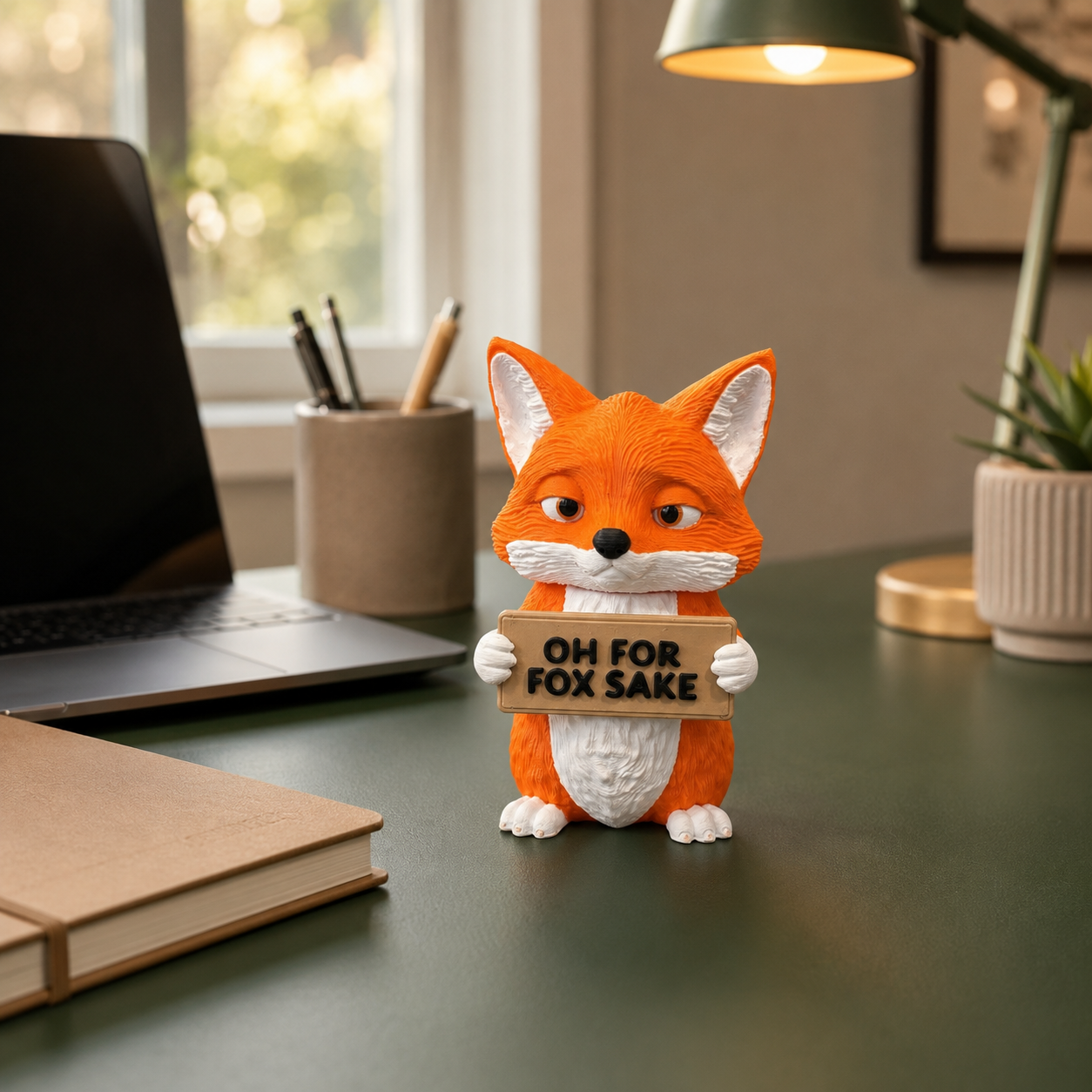 A small orange and white fox figurine standing on a desk and holding a sign that reads 'OH FOR FOX SAKE', photographed in a real office or home workspace with a laptop, notebook, lamp, and plant in the background.
