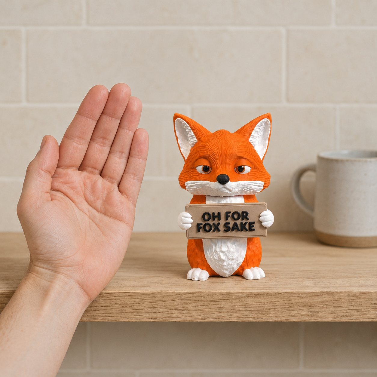 A small orange fox figurine holding a sign that reads 'OH FOR FOX SAKE' sits on a wooden shelf next to a person's hand and a ceramic mug, against a light beige tiled wall.
