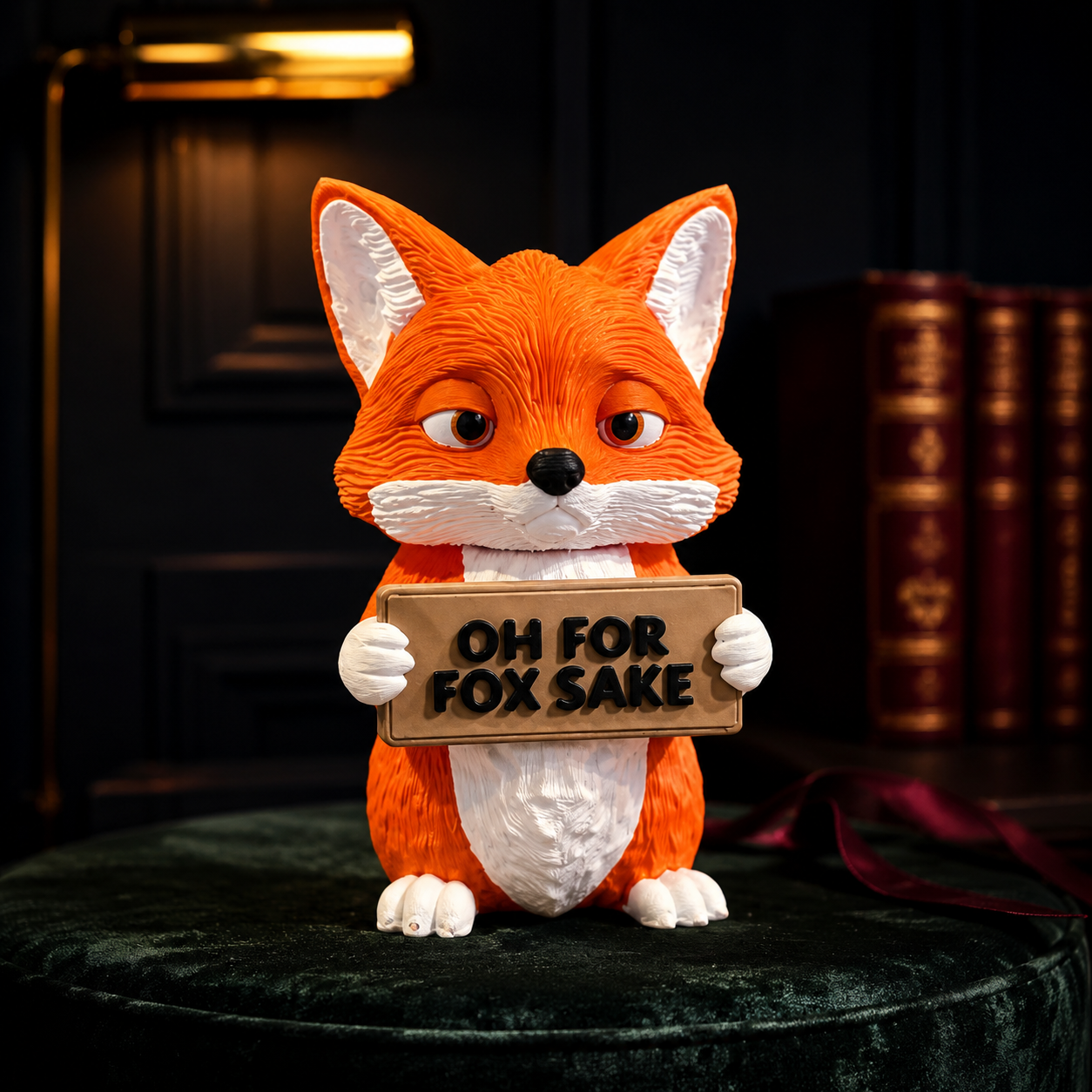 A small orange fox figurine holding a sign that reads 'OH FOR FOX SAKE', posed on a dark green velvet surface with a dimly lit dark room and books in the background.