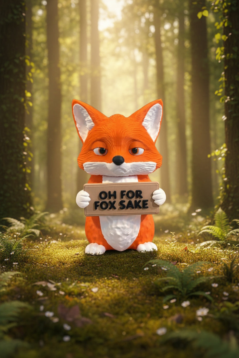 An orange and white fox figurine holding a brown sign that reads 'OH FOR FOX SAKE' in black text, centered on a solid gray background.