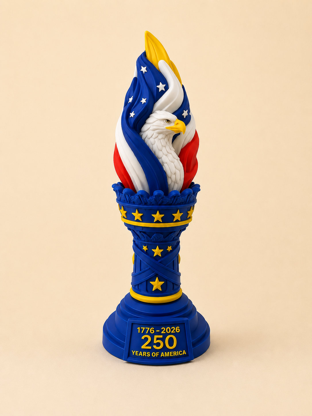 America 250 Freedom Torch commemorative eagle statue in patriotic red, white, and blue.