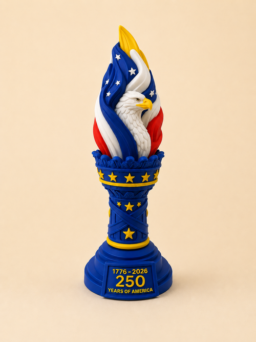 America 250 Freedom Torch commemorative eagle statue in patriotic red, white, and blue.