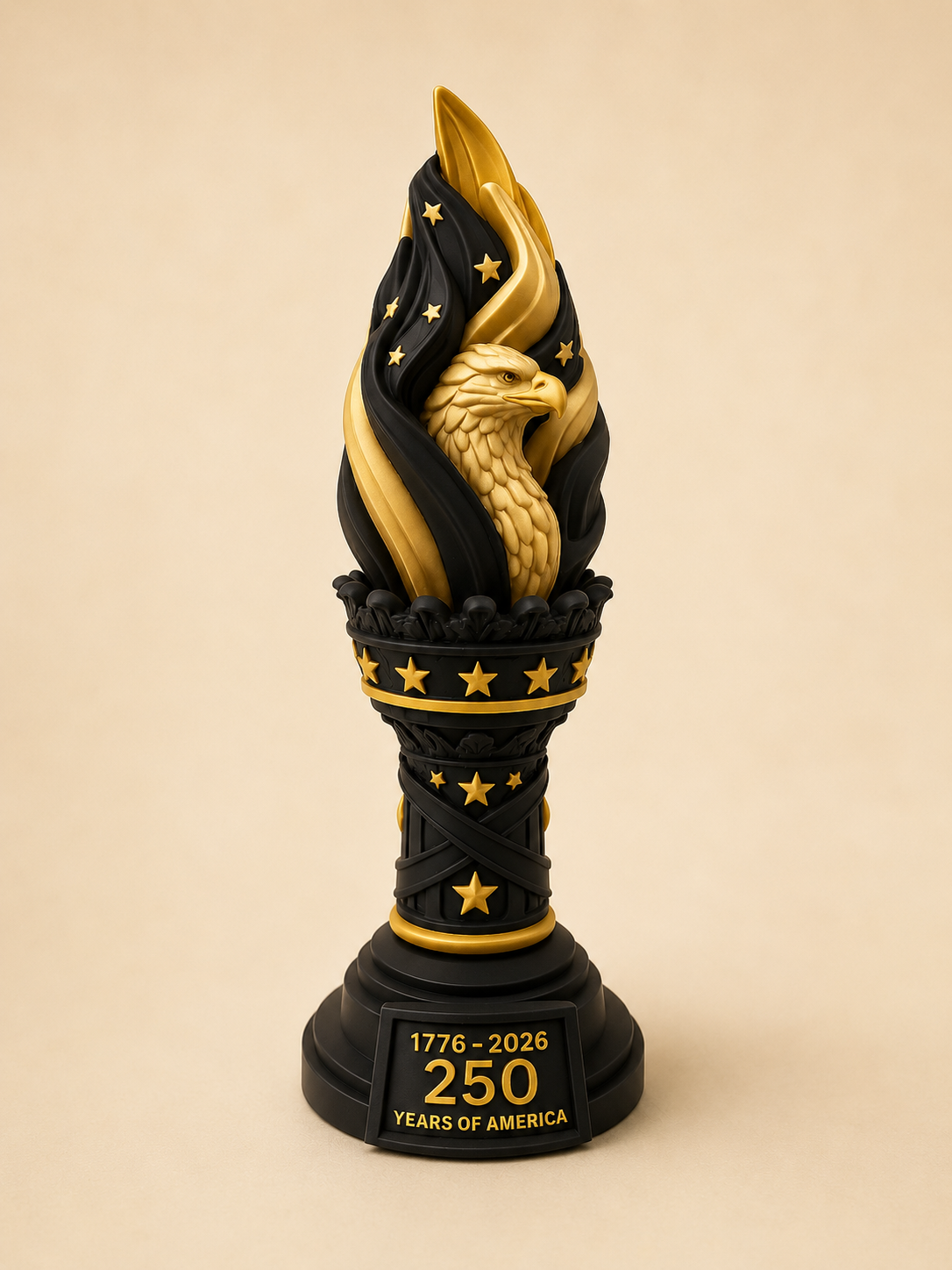 Black and gold America 250 Freedom Torch collector edition displayed on a neutral background.