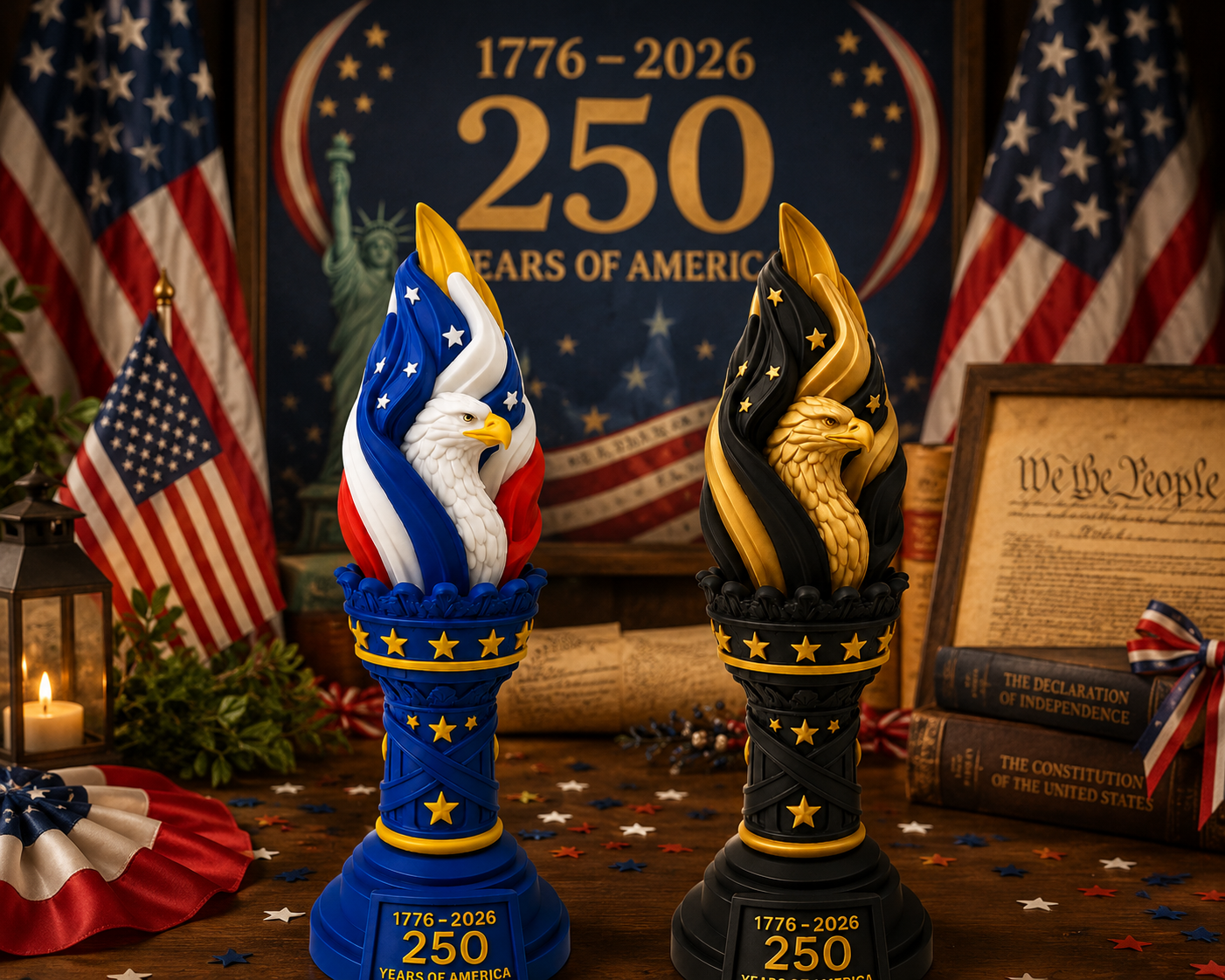 Red, white, blue, and black gold Freedom Torch editions displayed together as commemorative collectibles.