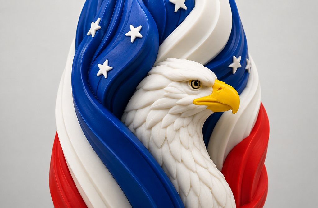 Detailed close-up of the sculpted bald eagle and patriotic torch design.