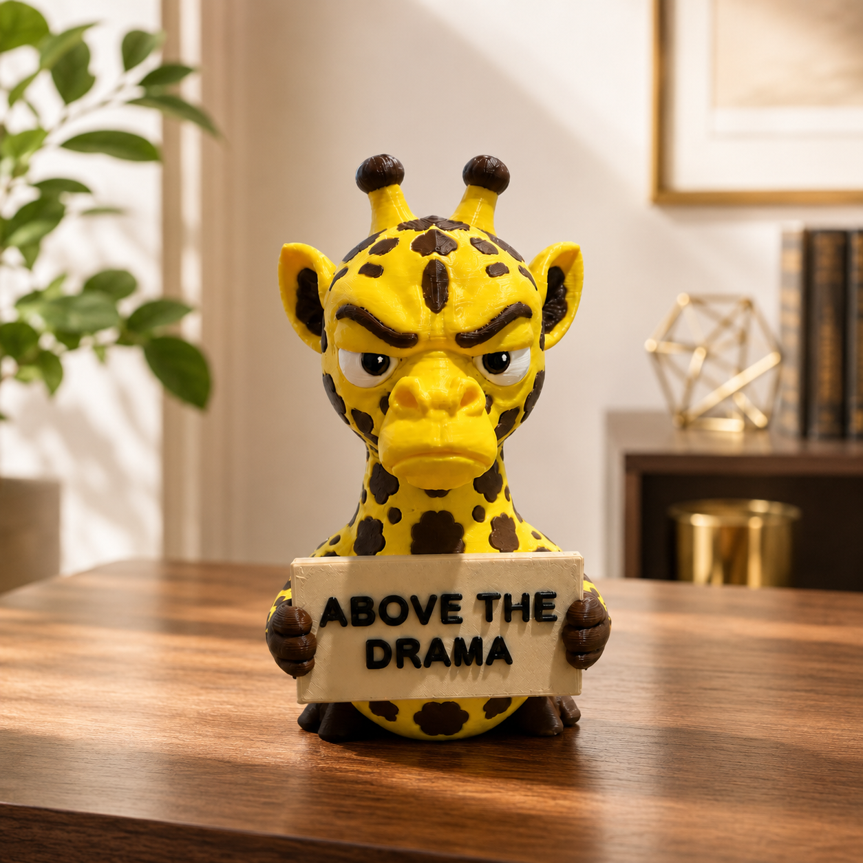 A yellow and brown giraffe figurine with an angry expression holding a sign that reads 'ABOVE THE DRAMA', placed on a wooden table in a softly lit indoor setting.